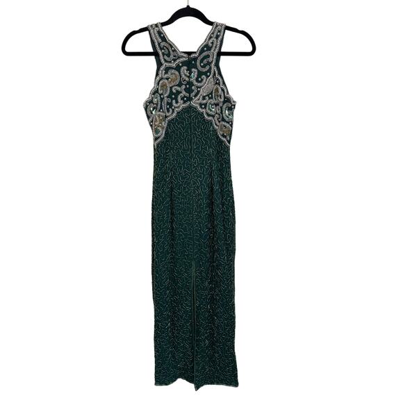 VTG 90s Laurence Kazar Beaded Prom Gown PS Green Silk Evening Formal Cocktail - Picture 2 of 11